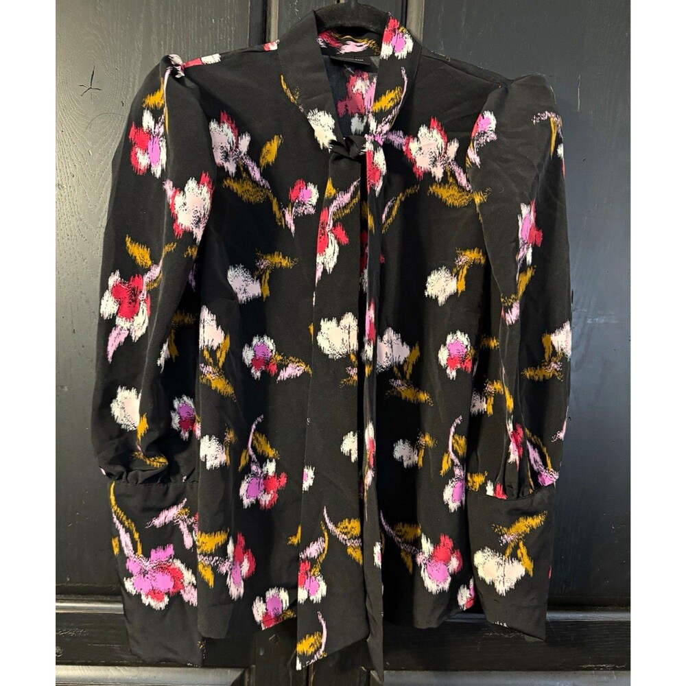 WHO WHAT WEAR Black Floral Tie Neck Long Sleeve Woven Polyester Blouse S